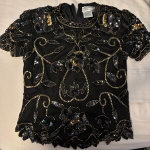 Gorgeous Adrianna Papell Evening Black and Gold Beaded Blouse